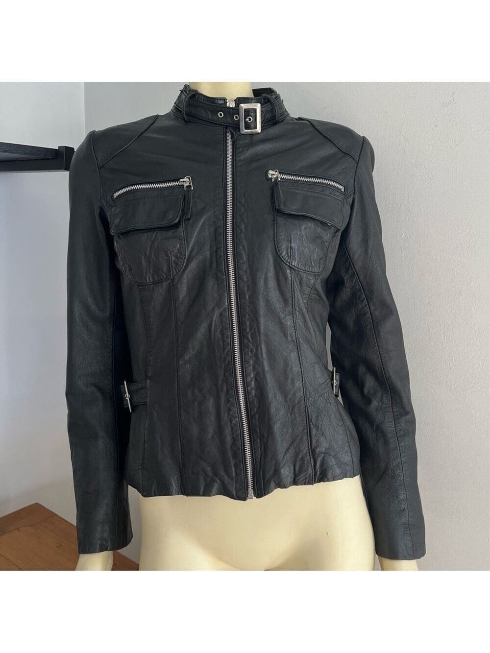 Bod & Christensen Women’s Black Leather Biker Motorcycle Zipper Sleeve Jacket S